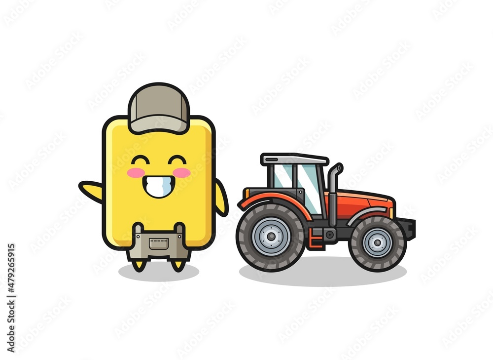 the yellow card farmer mascot standing beside a tractor the yellow card farmer mascot standing beside a tractor