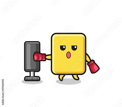 yellow card boxer cartoon doing training with punching bag