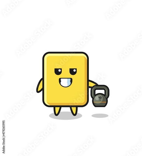 yellow card mascot lifting kettlebell in the gym