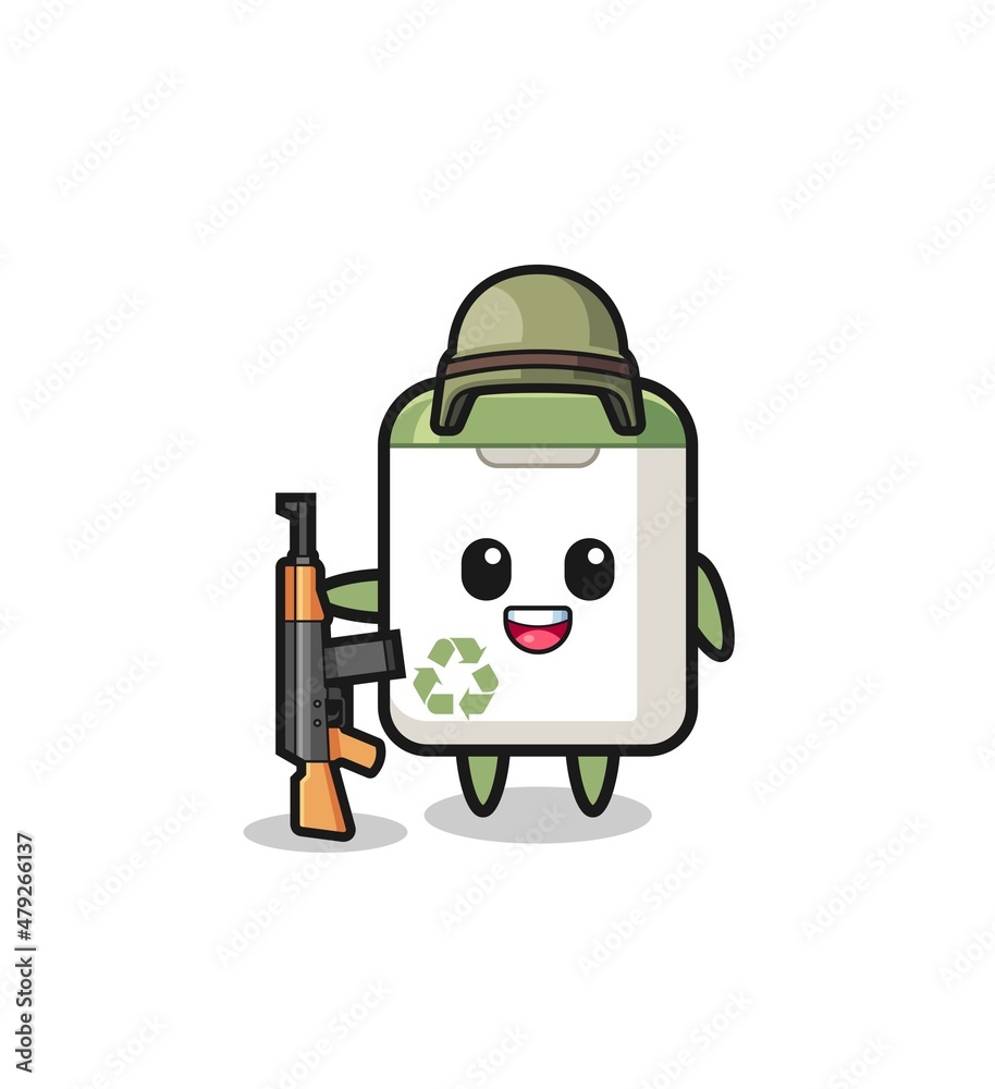 cute trash can mascot as a soldier