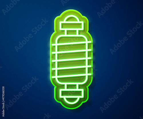 Glowing neon line Bicycle suspension icon isolated on blue background. Vector
