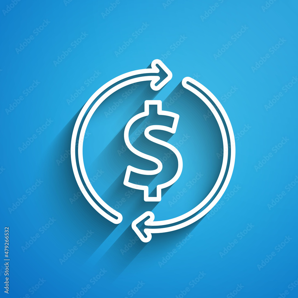 White line Financial growth and dollar coin icon isolated on blue background. Increasing revenue. Long shadow. Vector White line Financial growth and dollar coin icon isolated on blue background. Increasing revenue. Long shadow. Vector