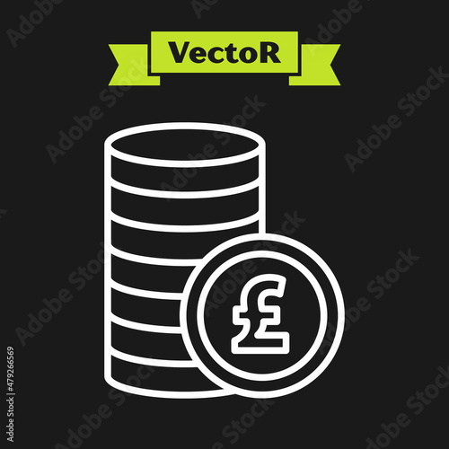 White line Coin money with pound sterling symbol icon isolated on black background. Banking currency sign. Cash symbol. Vector