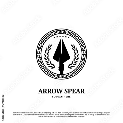 Vintage spear logo design. Spear with Wheat, star and Greece or Greek ornament vector