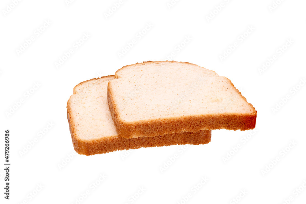 two slices of wheat bread isolated on white background. side view