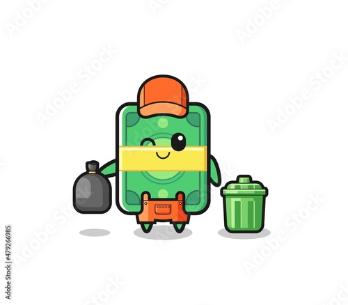 the mascot of cute money as garbage collector