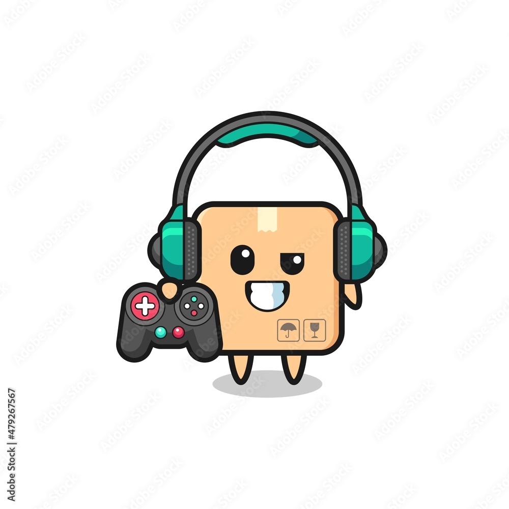 cardboard box gamer mascot holding a game controller cardboard box gamer mascot holding a game controller