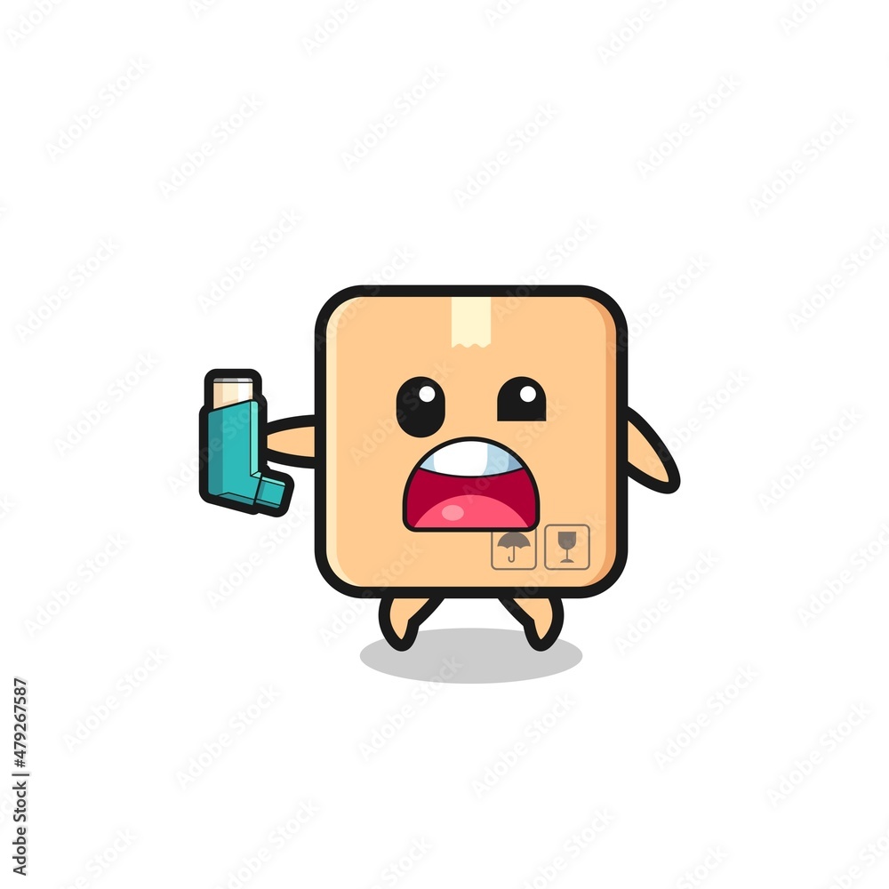 cardboard box mascot having asthma while holding the inhaler