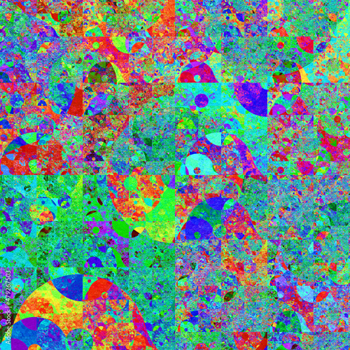 Imagen de arte digital fractal compuesto de figuras geométricas aglomeradas formando un mosaico psicodélico de colores fosforescentes. © Pedroml