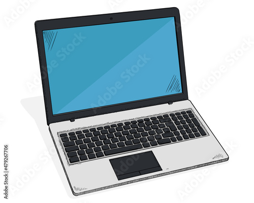Sketch style illustration of laptop on white background. Colorful vector doodle.