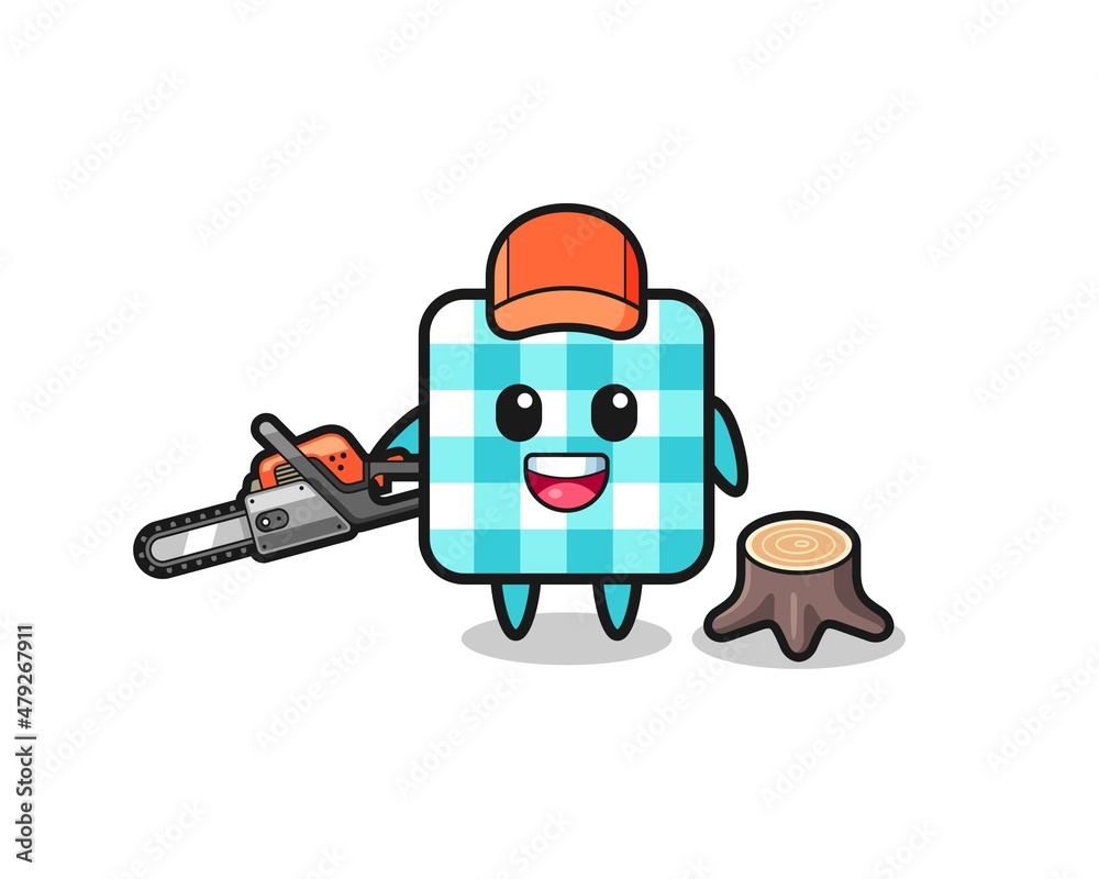 checkered tablecloth lumberjack character holding a chainsaw checkered tablecloth lumberjack character holding a chainsaw