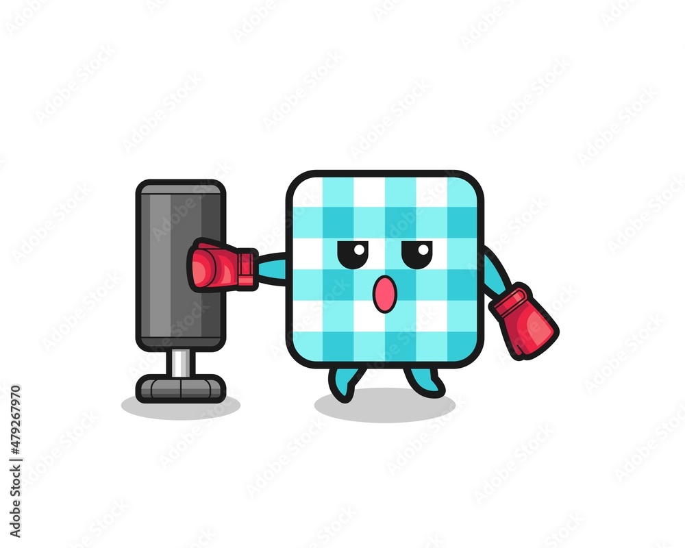 checkered tablecloth boxer cartoon doing training with punching bag