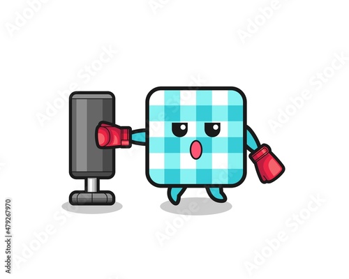 checkered tablecloth boxer cartoon doing training with punching bag
