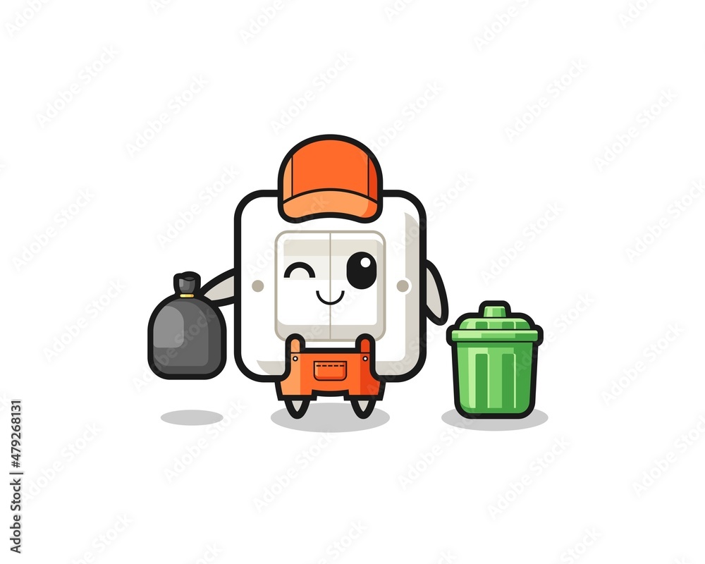 the mascot of cute light switch as garbage collector