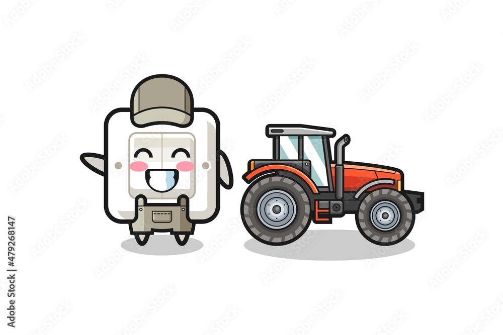 the light switch farmer mascot standing beside a tractor