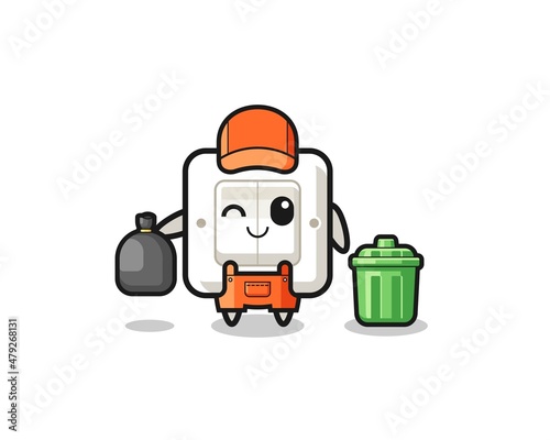 the mascot of cute light switch as garbage collector