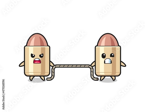 cute bullet character is playing tug of war game