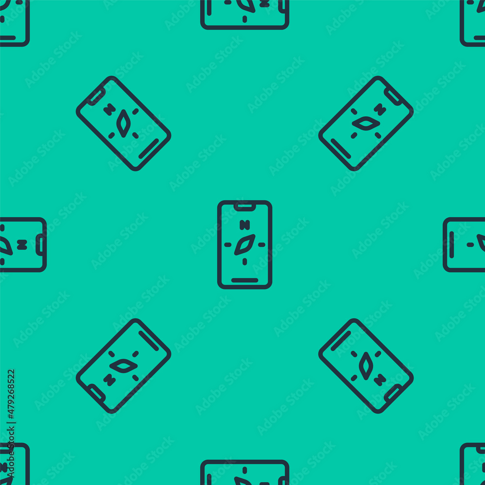 Blue line Compass screen apps on smartphone for navigation icon isolated seamless pattern on green background. Application compass for navigation, app map. Vector Blue line Compass screen apps on smartphone for navigation icon isolated seamless pattern on green background. Application compass for navigation, app map. Vector