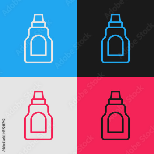Pop art line Plastic bottle for laundry detergent, bleach, dishwashing liquid or another cleaning agent icon isolated on color background. Vector
