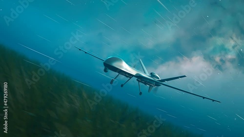 Manoeuvrable, armed military drone (UAV) flying smoothly over green fields. 4K photo