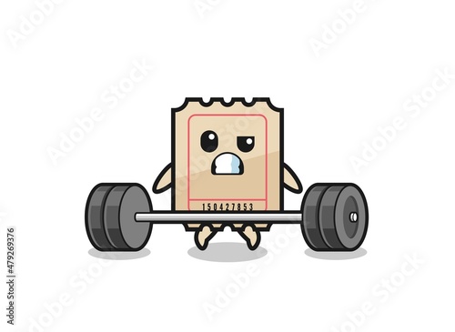 cartoon of ticket lifting a barbell