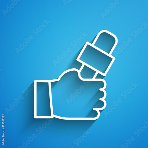 White line Journalist hand holding microphones performing interview icon isolated on blue background. Long shadow. Vector