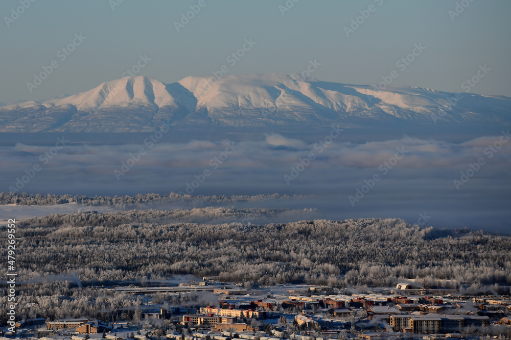 Mount Susitna, also known as Sleeping Lady, rises 4,396 feet above a
