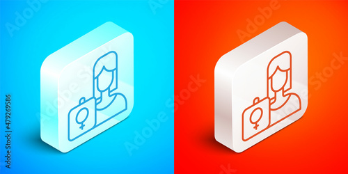 Isometric line Female movement, feminist activist with banner and placards icon isolated on blue and red background. Feminist rights movement, feminism sisterhood. Silver square button. Vector