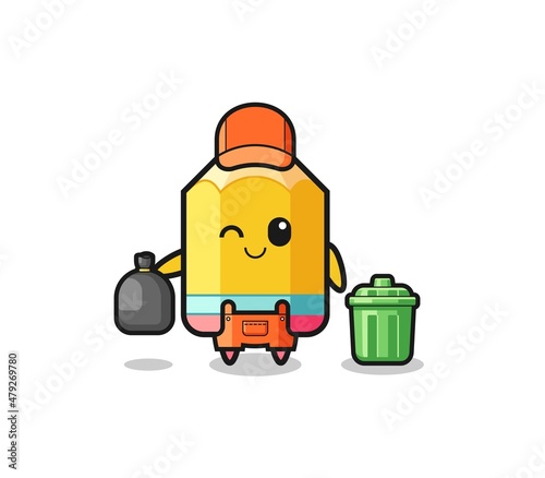 the mascot of cute pencil as garbage collector