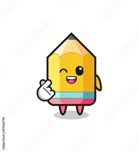 pencil character doing Korean finger heart