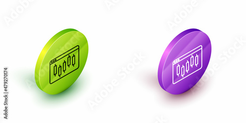 Isometric line Browser with stocks market growth graphs and money icon isolated on white background. Monitor with stock charts arrow on screen. Green and purple circle buttons. Vector