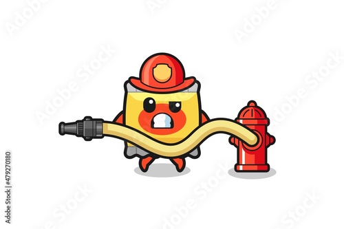 snack cartoon as firefighter mascot with water hose