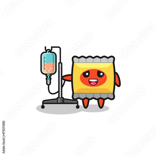 cute snack character standing with infusion pole