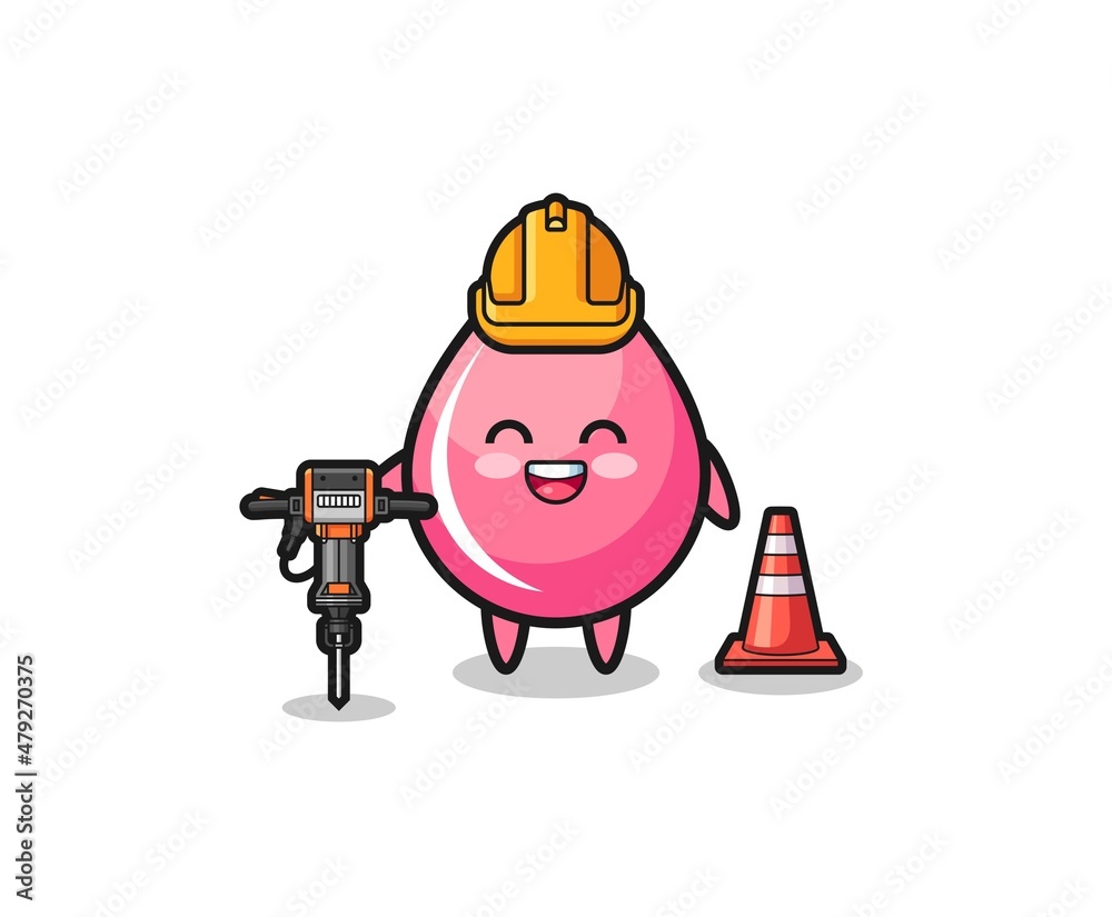road worker mascot of strawberry juice drop holding drill machine road worker mascot of strawberry juice drop holding drill machine