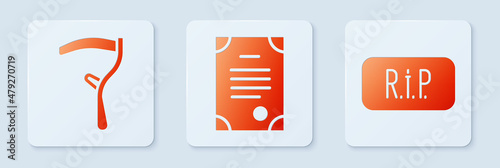 Set Death certificate, Scythe and Speech bubble rip death. White square button. Vector