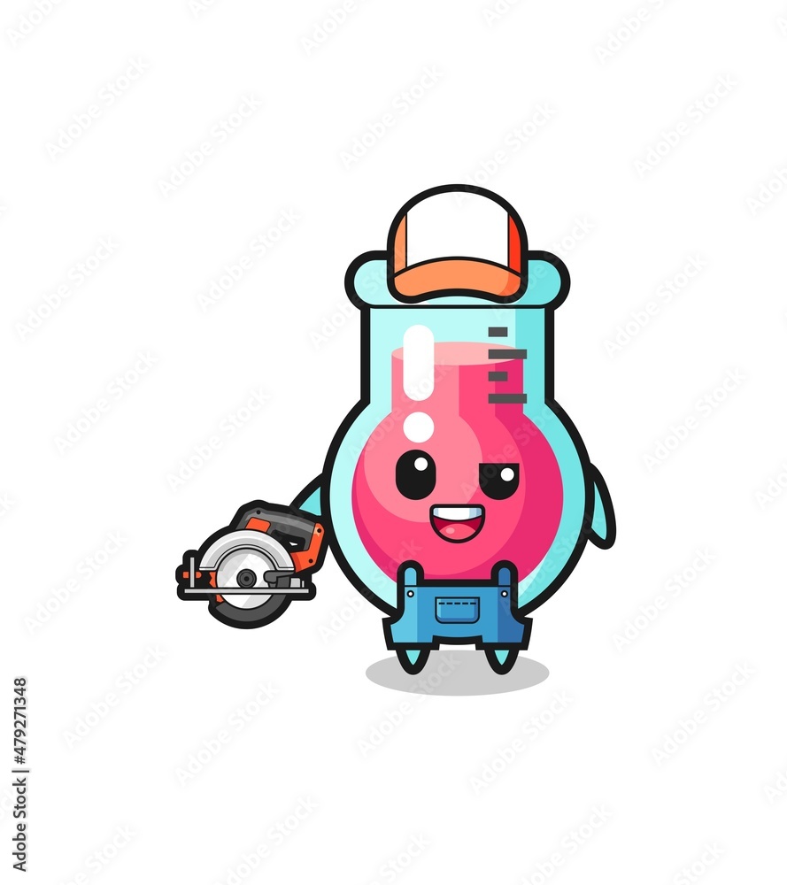 the woodworker laboratory beaker mascot holding a circular saw the woodworker laboratory beaker mascot holding a circular saw