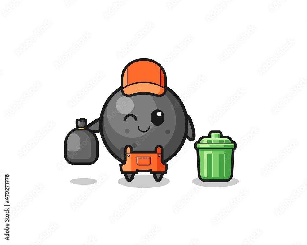 the mascot of cute cannon ball as garbage collector