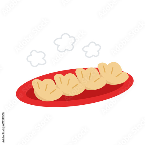 Isolated red plate with hand drawn Asian dumplings