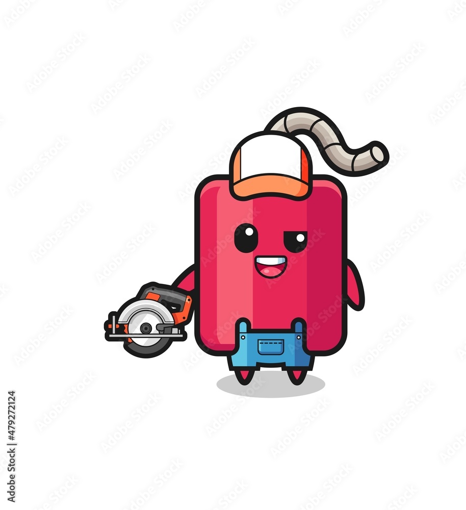 the woodworker dynamite mascot holding a circular saw the woodworker dynamite mascot holding a circular saw