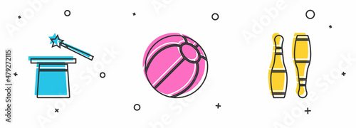 Set Magic hat and wand, Beach ball and Bowling pin icon. Vector
