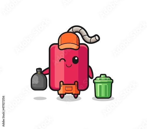 the mascot of cute dynamite as garbage collector