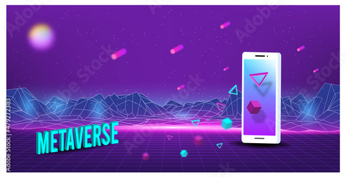 Concept of Future digital technology 3D metaverse, a virtual reality technology for users on smartphones and digital devices colorful background. Vector illustration eps10