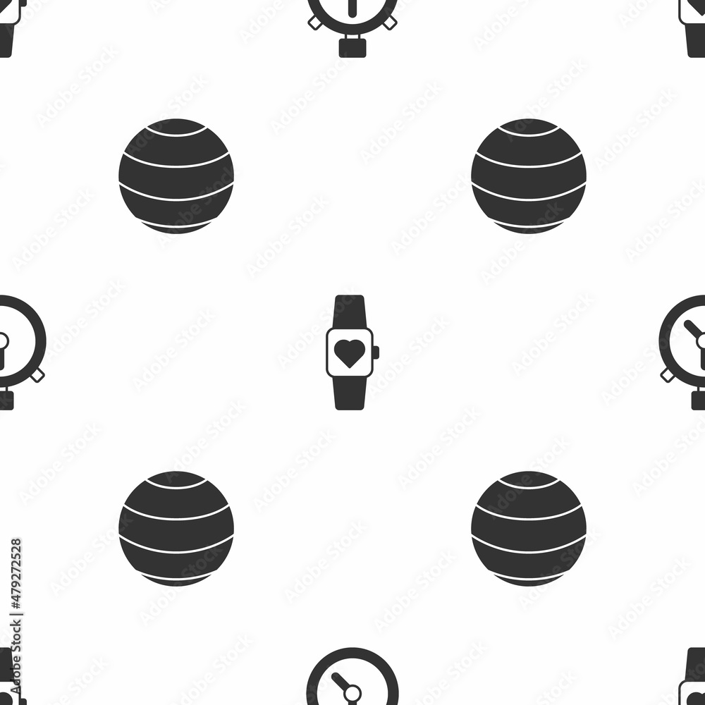 Set Stopwatch, Smart and Fitness ball on seamless pattern. Vector