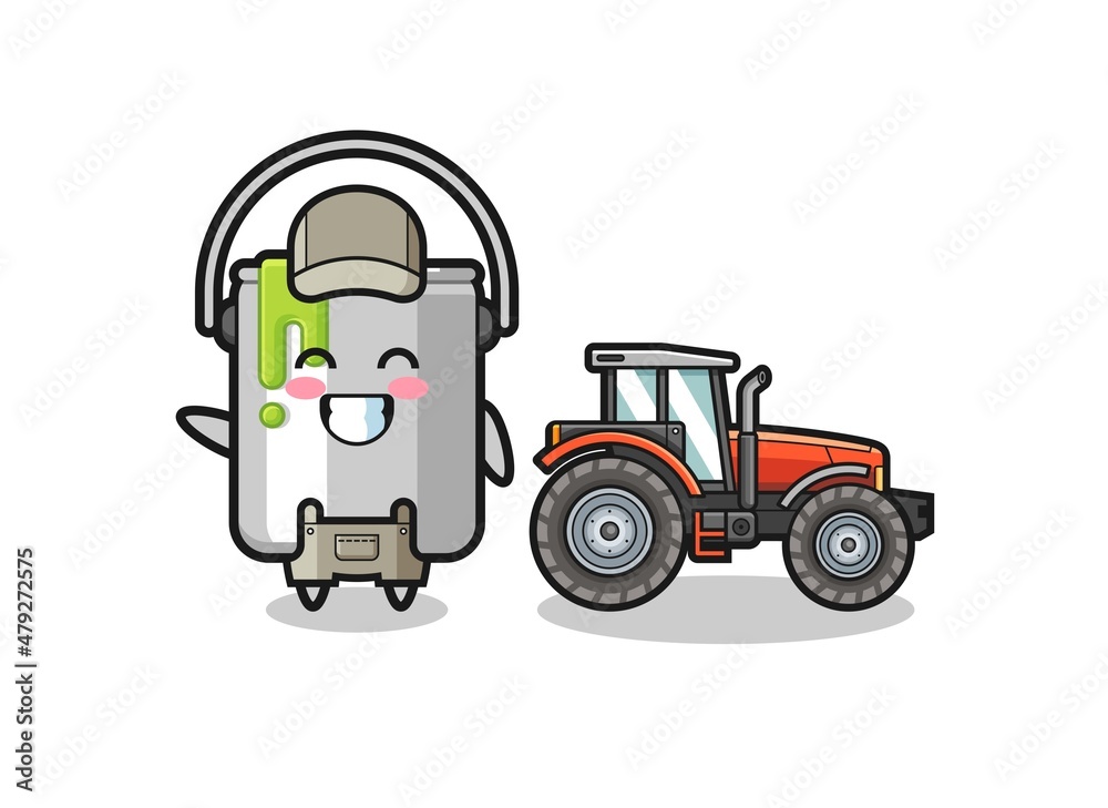 the paint tin farmer mascot standing beside a tractor