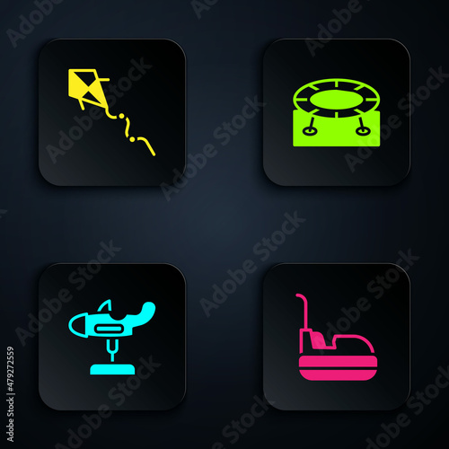 Set Bumper car, Kite, Swing plane and Jumping trampoline. Black square button. Vector