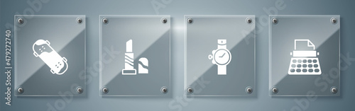 Set Retro typewriter, Wrist watch, Lipstick and Skateboard trick. Square glass panels. Vector