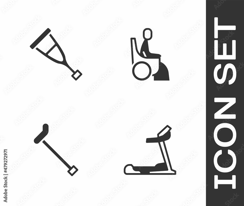 Set Treadmill machine, Crutch or crutches, Walking stick cane and Woman wheelchair icon. Vector Set Treadmill machine, Crutch or crutches, Walking stick cane and Woman wheelchair icon. Vector
