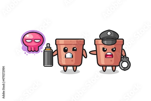 flowerpot cartoon doing vandalism and caught by the police