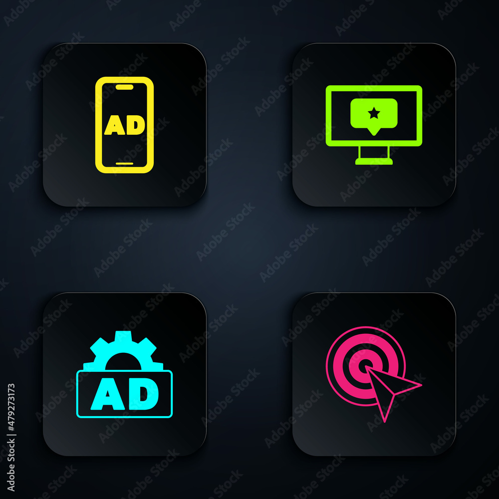 Set Target, Advertising, and Monitor with star. Black square button. Vector Set Target, Advertising, and Monitor with star. Black square button. Vector