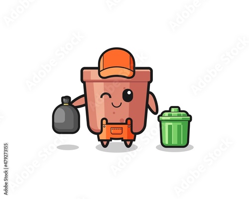 the mascot of cute flowerpot as garbage collector